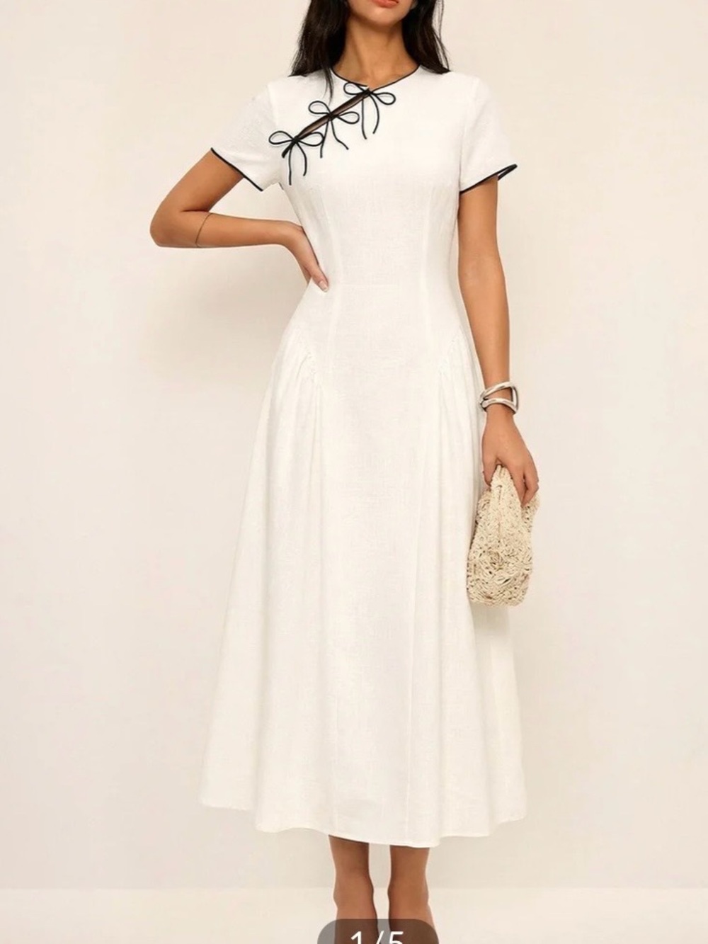 Commense White Midi Dress with Black Trim & Bow Detail